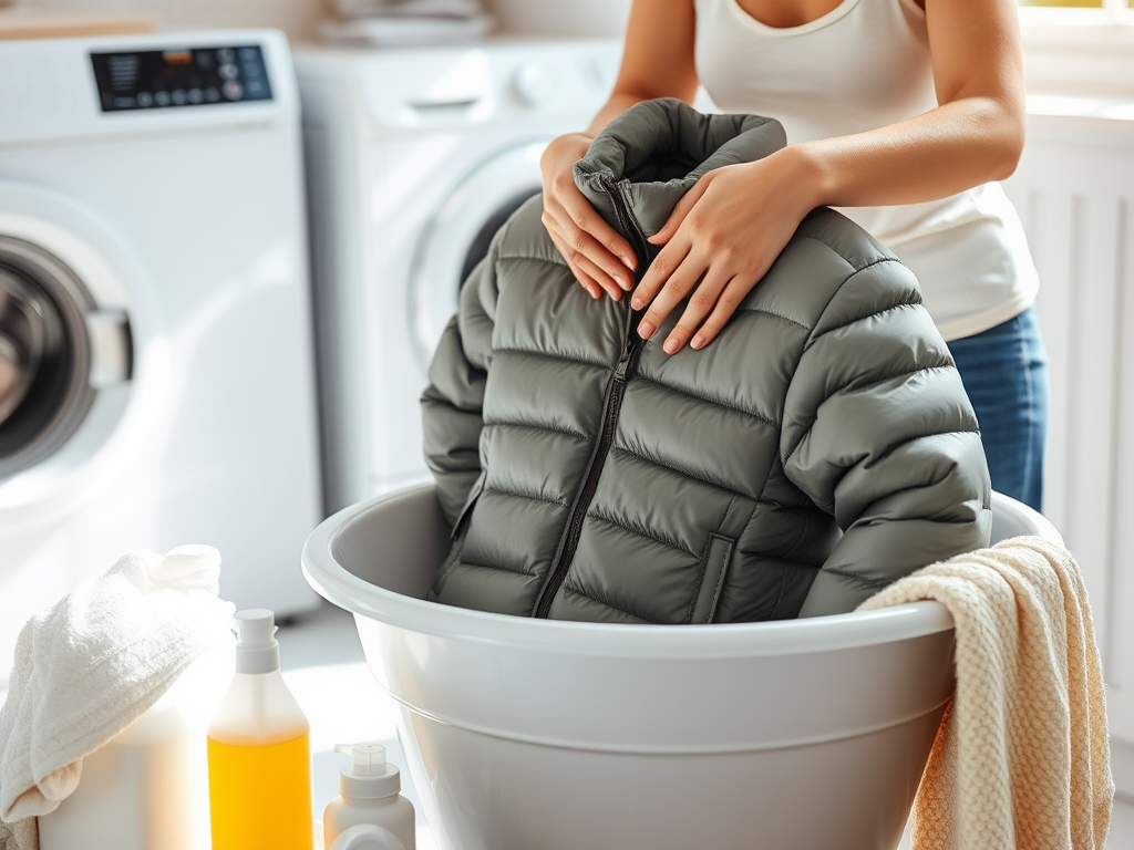 Kobieta wkłada puchową kurtkę do białego wiadra w pralni, obok detergent i ręcznik.