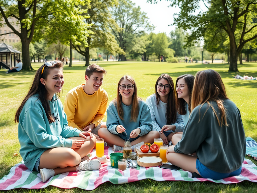 Grupa młodych ludzi na pikniku w parku, cieszą się jedzeniem i napojami w słoneczny dzień.