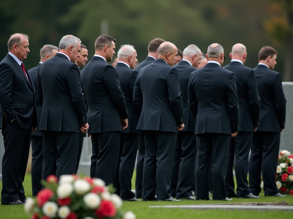 Mężczyźni w garniturach stoją w rzędzie podczas ceremonii, kwiaty w tle.